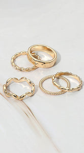 Ella Mixed Textured 5pc Stackable Rings - Gold